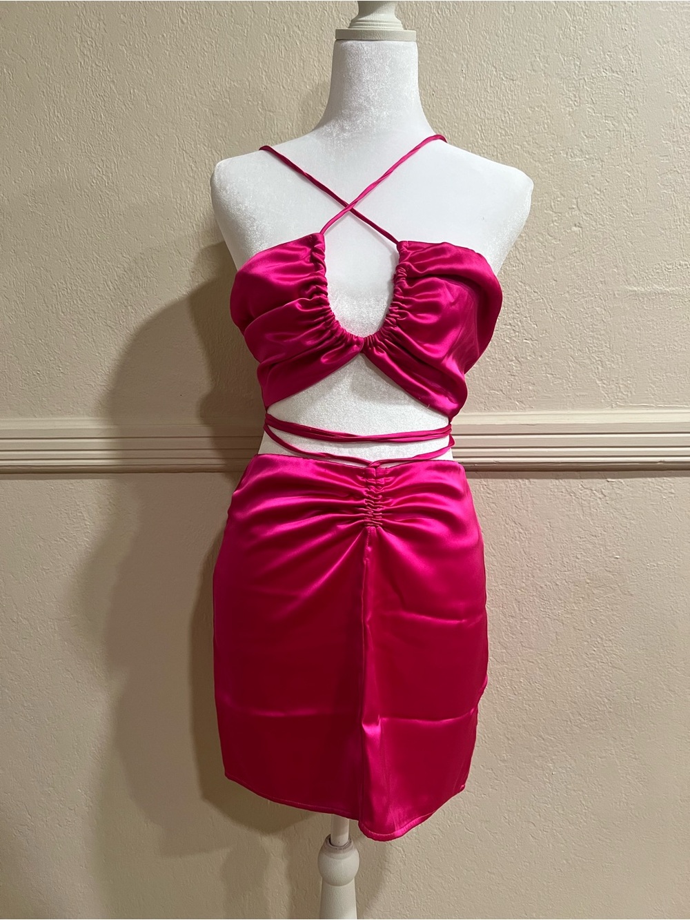 Hot Pink Satin Ruched Cutout Two Piece Set